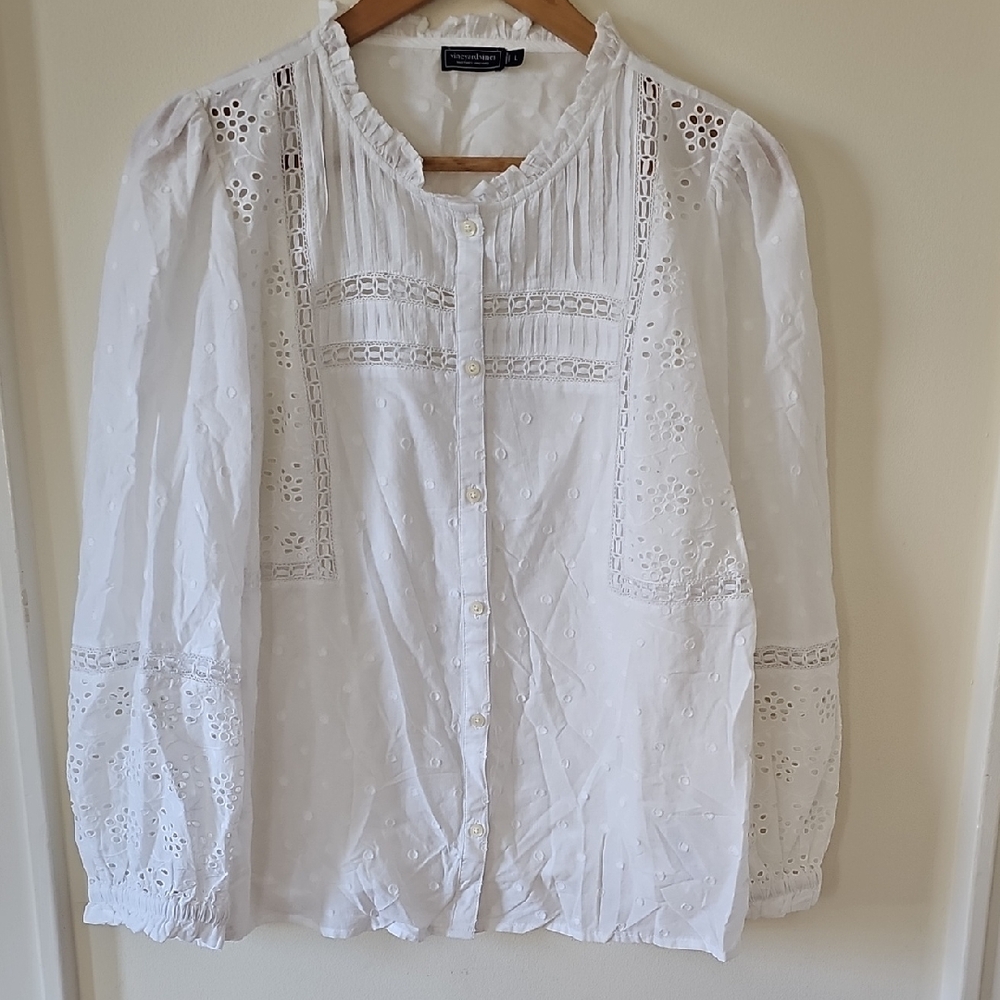 White Eyelet Lace Button-Front Blouse